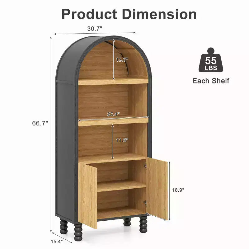 Bibliothèque arquée à 5 niveaux avec étagères ouvertes et armoire