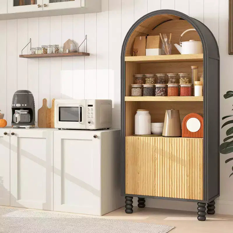 Bibliothèque arquée à 5 niveaux avec étagères ouvertes et armoire