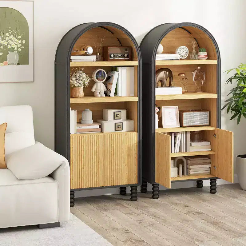 Bibliothèque arquée à 5 niveaux avec étagères ouvertes et armoire
