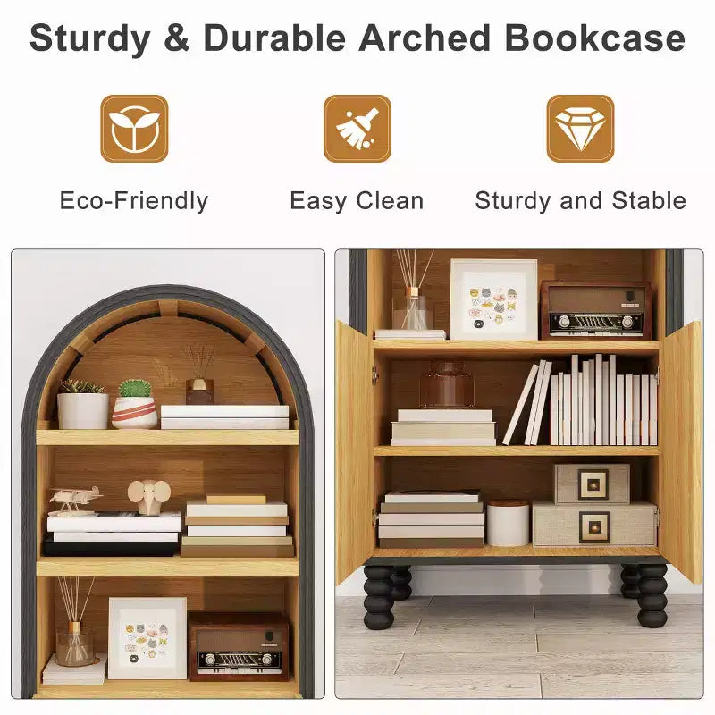 Bibliothèque arquée à 5 niveaux avec étagères ouvertes et armoire