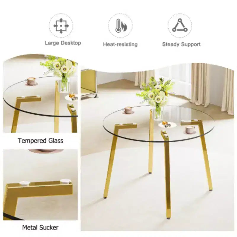 Table à manger ronde en verre trempé – 42 po avec pieds en métal doré
