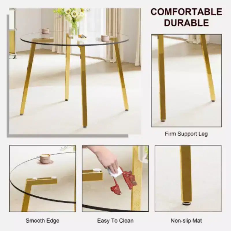 Table à manger ronde en verre trempé – 42 po avec pieds en métal doré