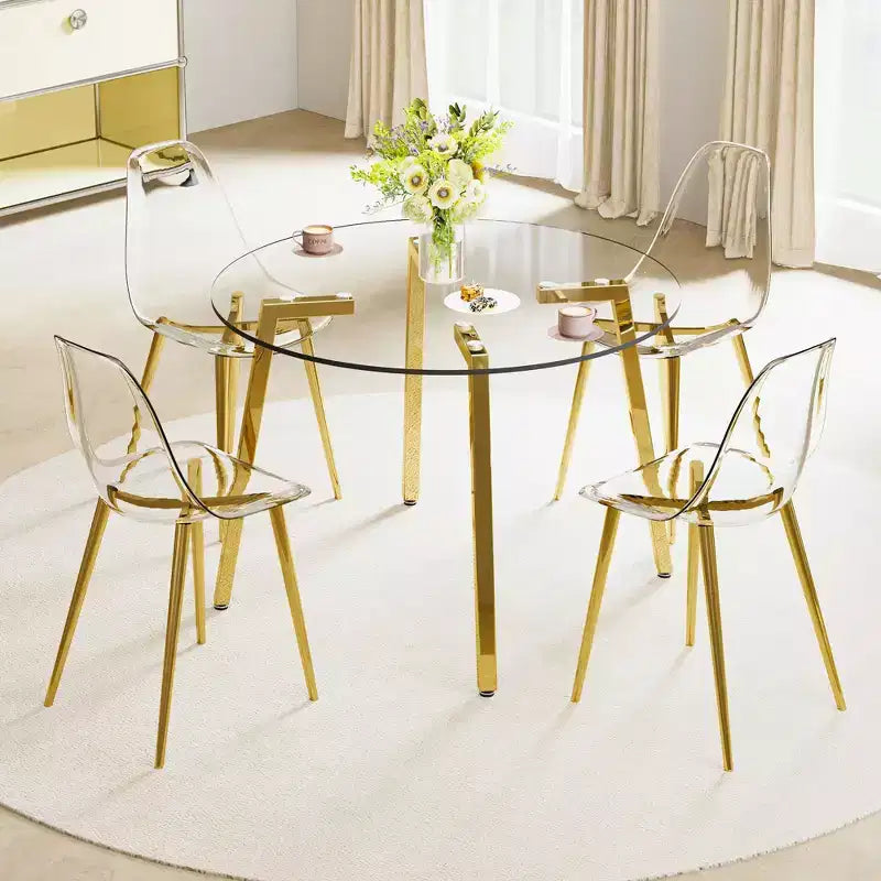 Table à manger ronde en verre trempé – 42 po avec pieds en métal doré