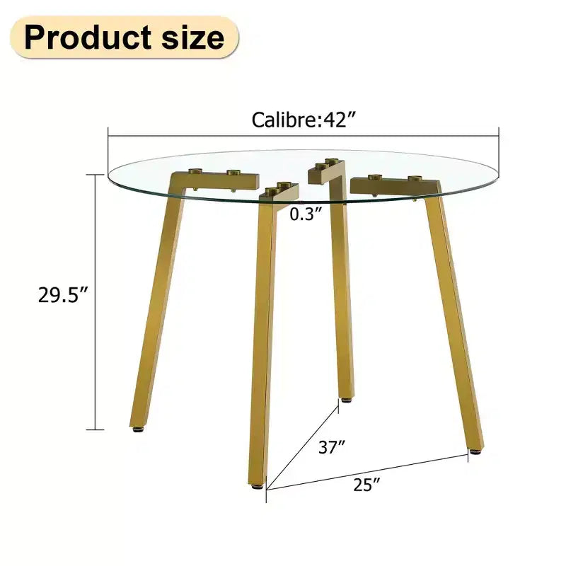 Table à manger ronde en verre trempé – 42 po avec pieds en métal doré