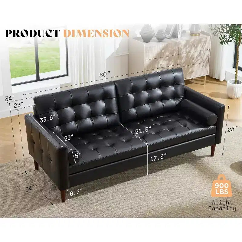 Canapé 3 places en cuir véritable de style moderne du milieu du siècle – 80 po