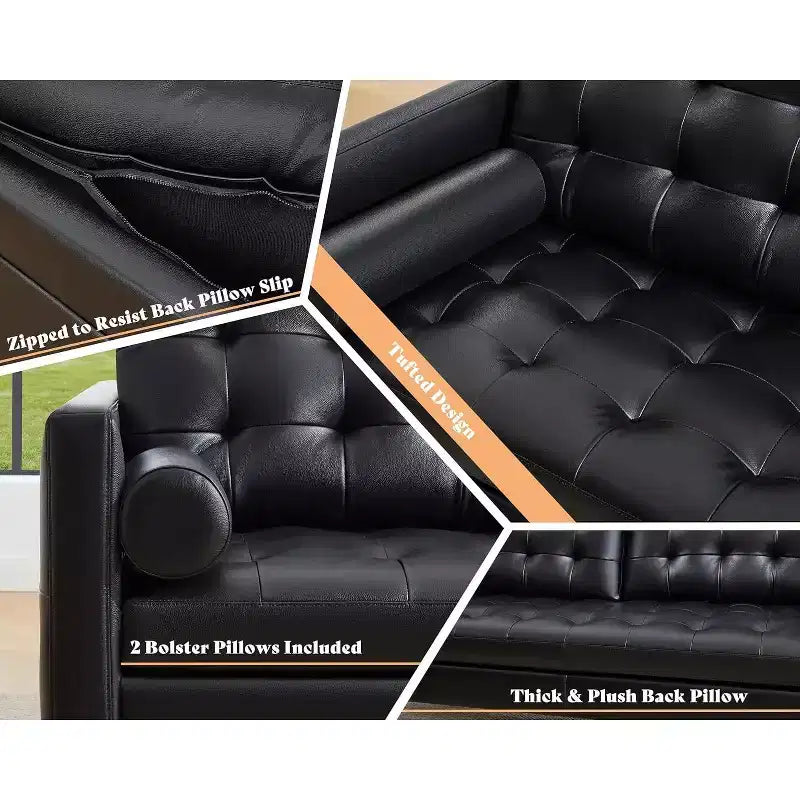 Canapé 3 places en cuir véritable de style moderne du milieu du siècle – 80 po