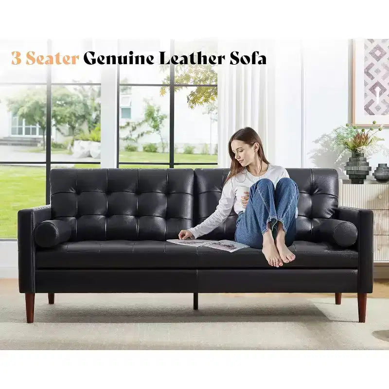 Canapé 3 places en cuir véritable de style moderne du milieu du siècle – 80 po