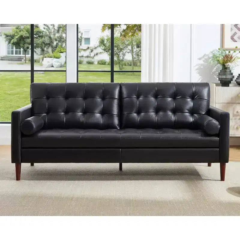 Canapé 3 places en cuir véritable de style moderne du milieu du siècle – 80 po