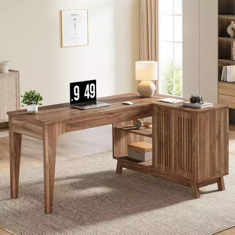 Bureau d'ordinateur en forme de L de 145 cm avec armoire de rangement pour bureau à domicile