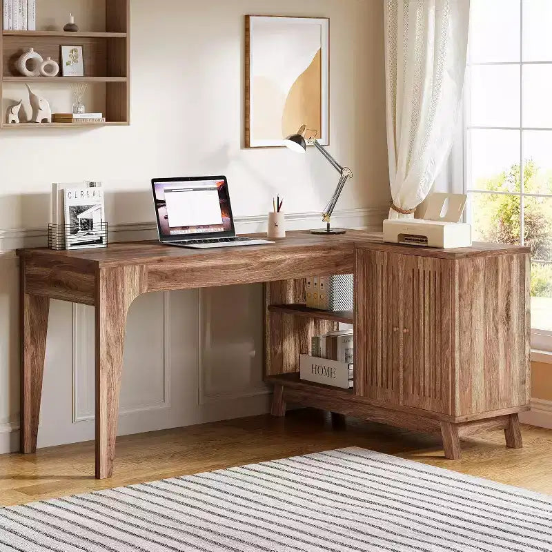 Bureau d'ordinateur en forme de L de 145 cm avec armoire de rangement pour bureau à domicile