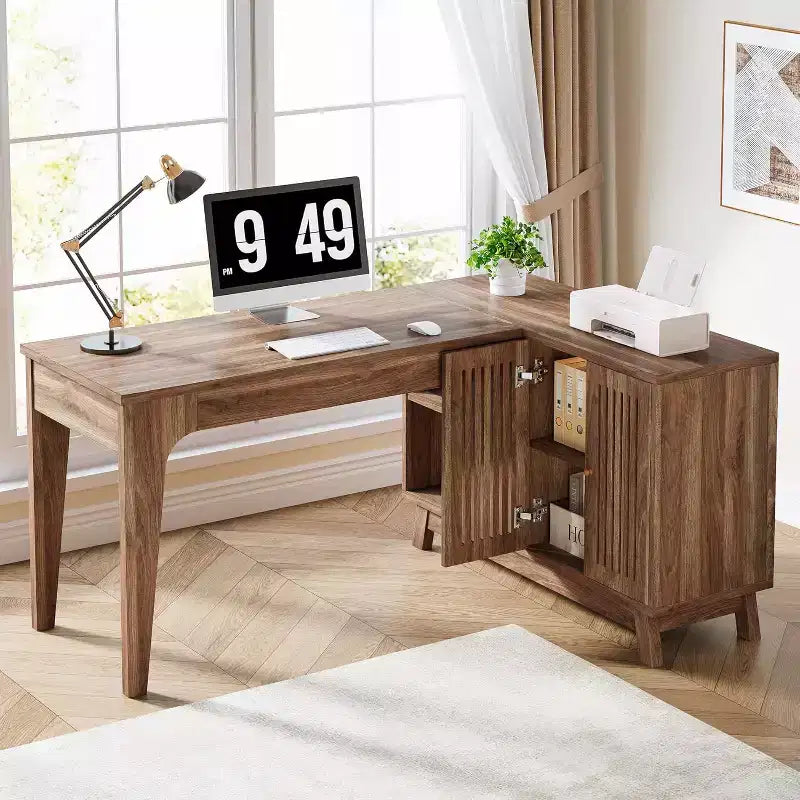 Bureau d'ordinateur en forme de L de 145 cm avec armoire de rangement pour bureau à domicile