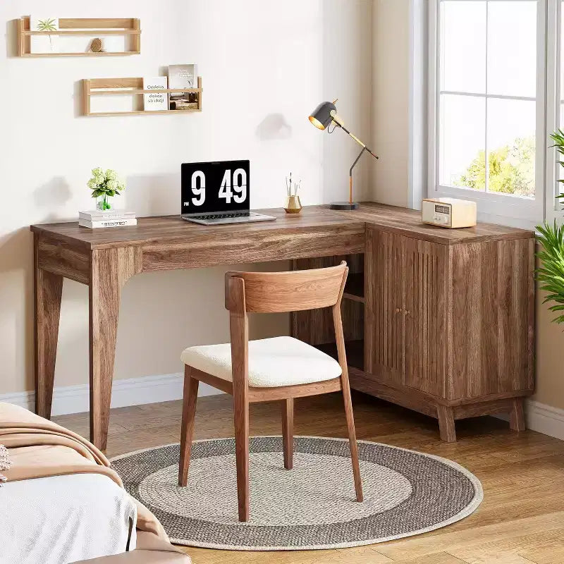 Bureau d'ordinateur en forme de L de 145 cm avec armoire de rangement pour bureau à domicile