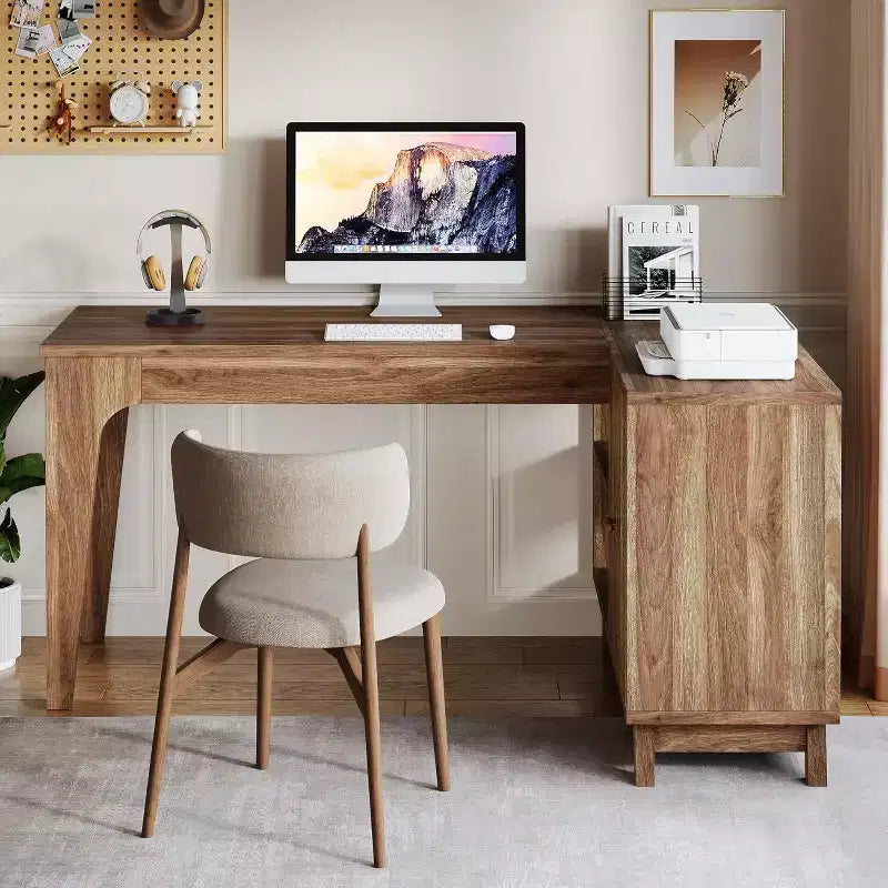 Bureau d'ordinateur en forme de L de 145 cm avec armoire de rangement pour bureau à domicile