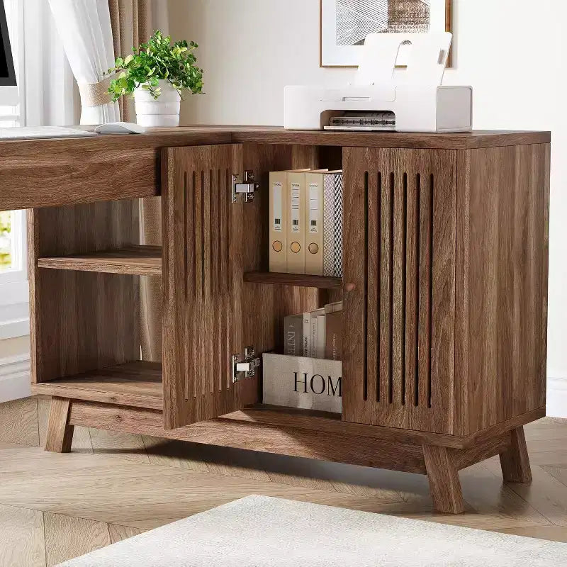 Bureau d'ordinateur en forme de L de 145 cm avec armoire de rangement pour bureau à domicile