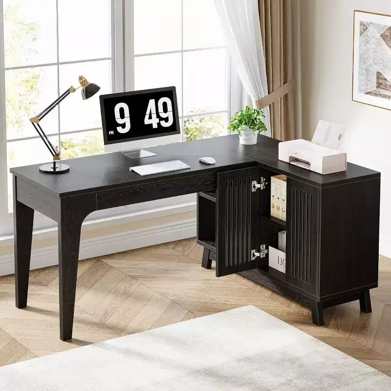 Bureau d'ordinateur en forme de L de 145 cm avec armoire de rangement pour bureau à domicile