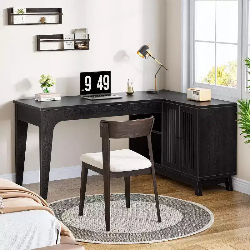 Bureau d'ordinateur en forme de L de 145 cm avec armoire de rangement pour bureau à domicile