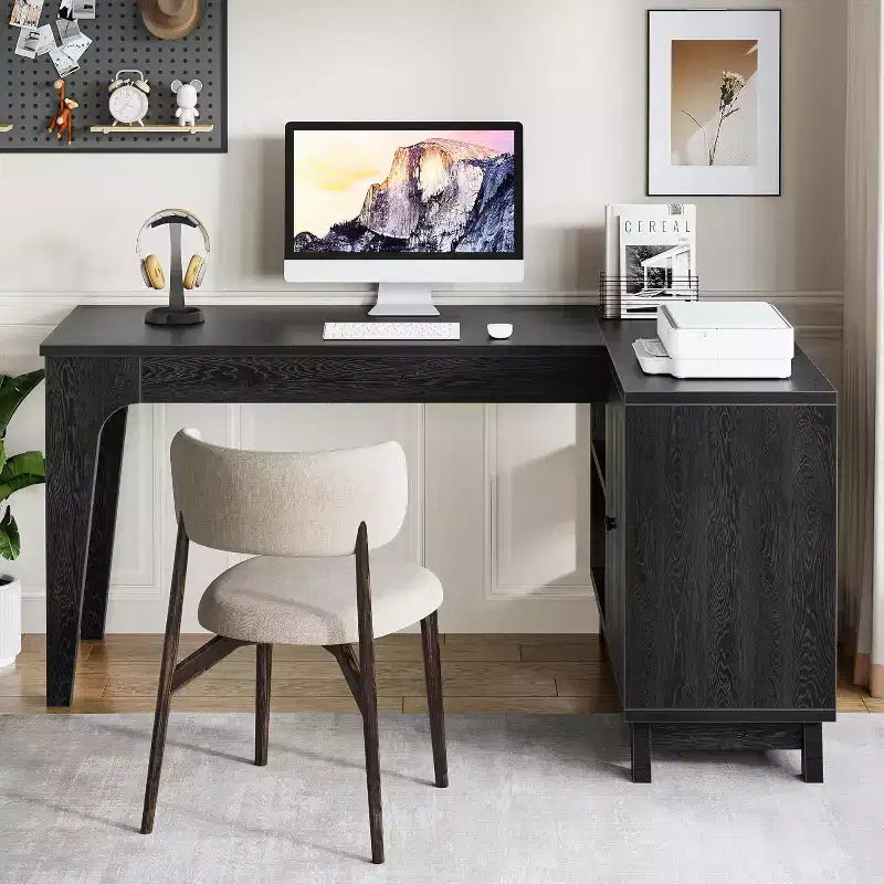 Bureau d'ordinateur en forme de L de 145 cm avec armoire de rangement pour bureau à domicile