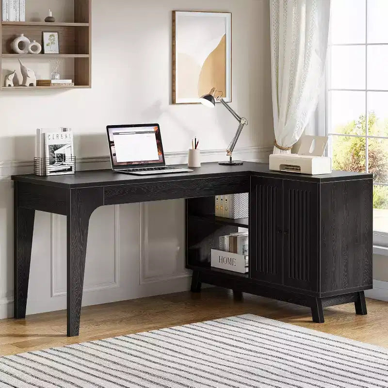 Bureau d'ordinateur en forme de L de 145 cm avec armoire de rangement pour bureau à domicile