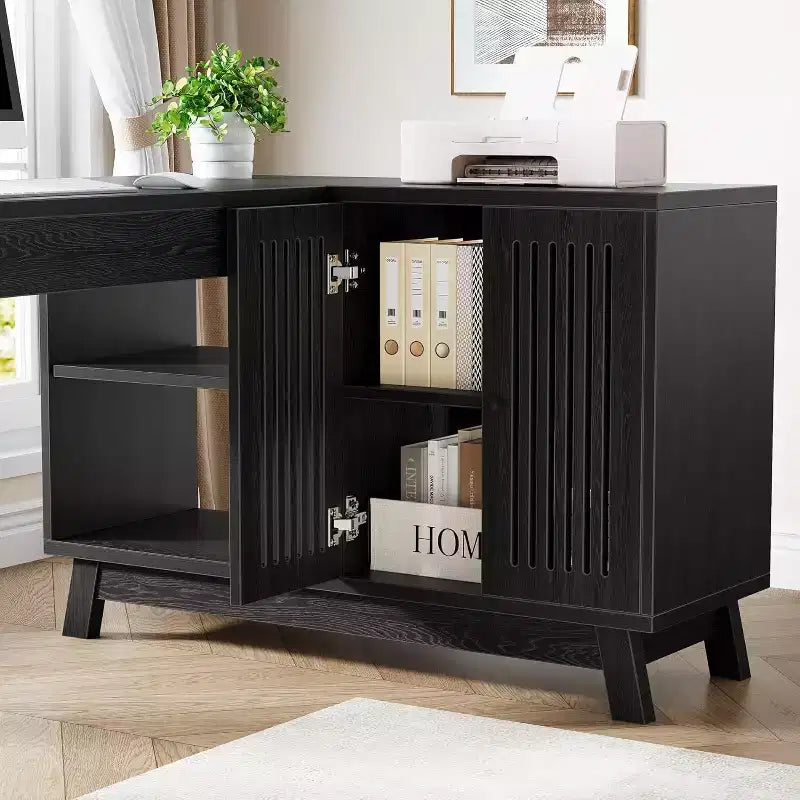 Bureau d'ordinateur en forme de L de 145 cm avec armoire de rangement pour bureau à domicile