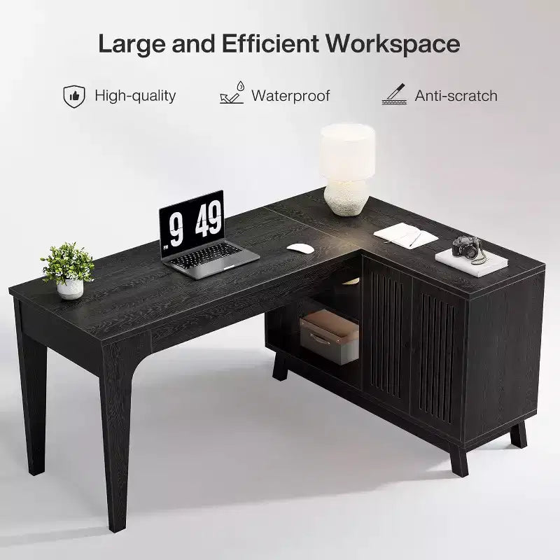 Bureau d'ordinateur en forme de L de 145 cm avec armoire de rangement pour bureau à domicile