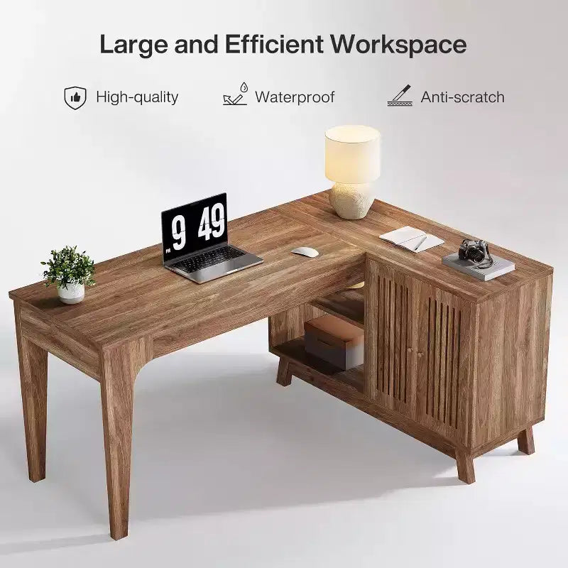 Bureau d'ordinateur en forme de L de 145 cm avec armoire de rangement pour bureau à domicile