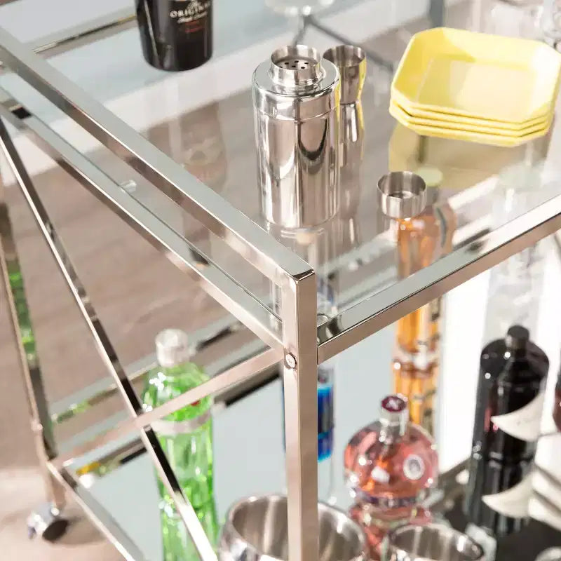 Dessert de bar à deux étages avec étagères en miroir et roulettes verrouillables – Argent et anthracite