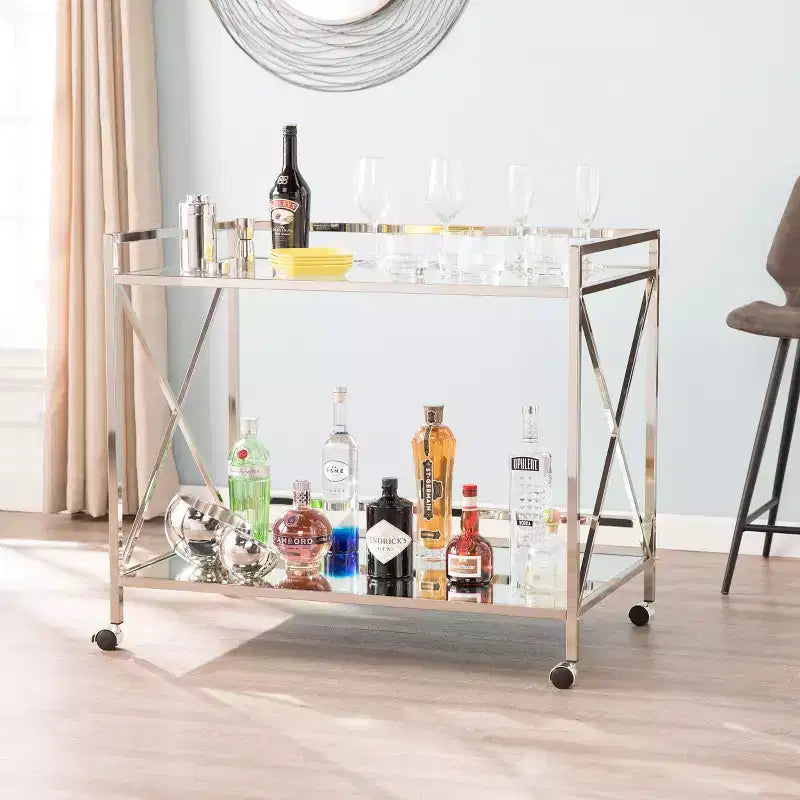 Dessert de bar à deux étages avec étagères en miroir et roulettes verrouillables – Argent et anthracite