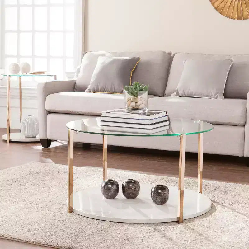 Table basse cocktail ronde glamour – Cadre doré et plateau en verre trempé