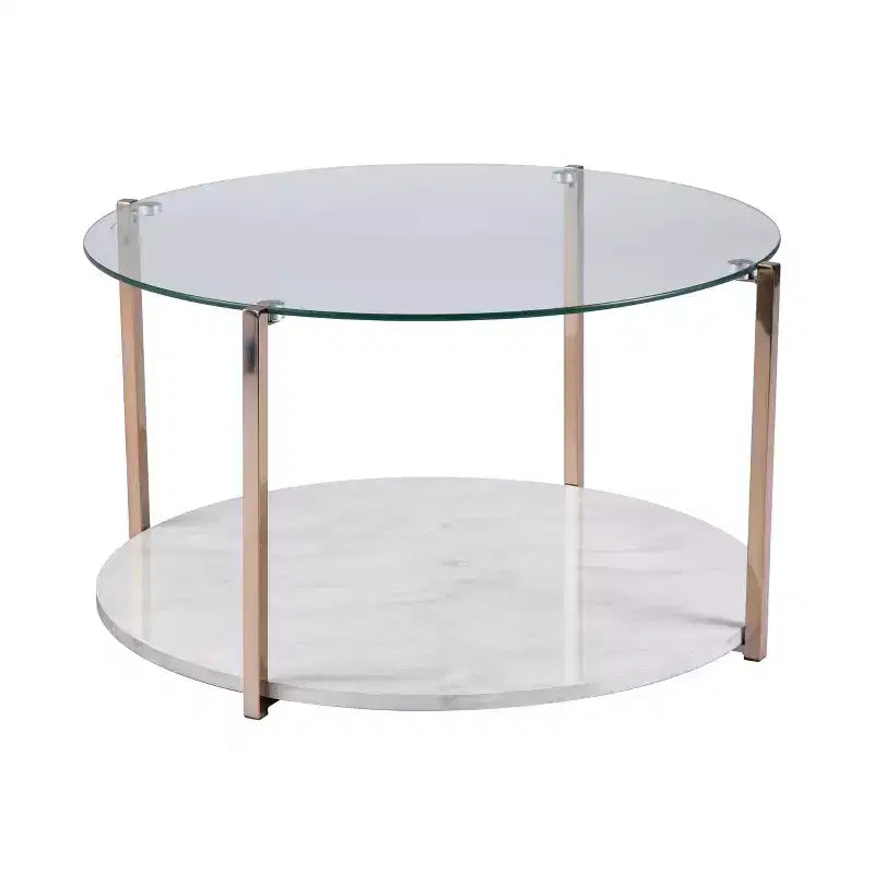Table basse cocktail ronde glamour – Cadre doré et plateau en verre trempé