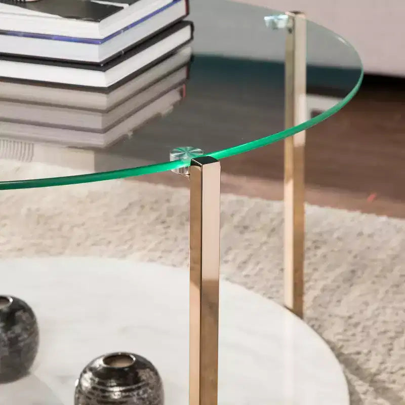 Table basse cocktail ronde glamour – Cadre doré et plateau en verre trempé