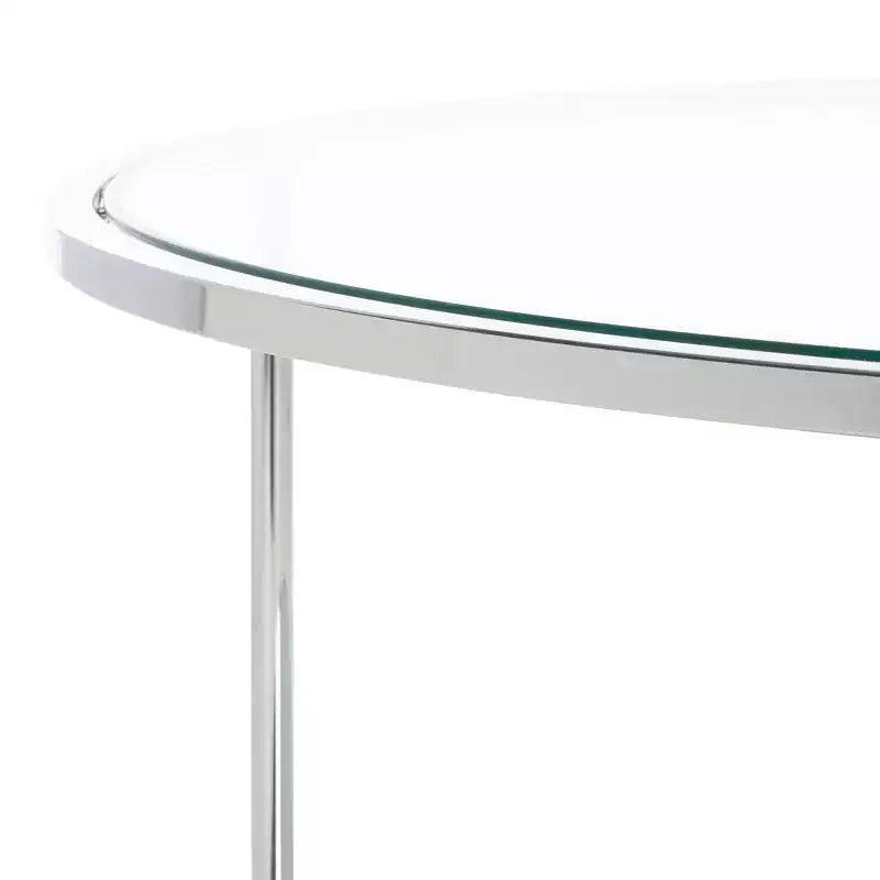 Table basse ronde à deux niveaux avec plateau en verre et étagère miroir – Charbon de bois