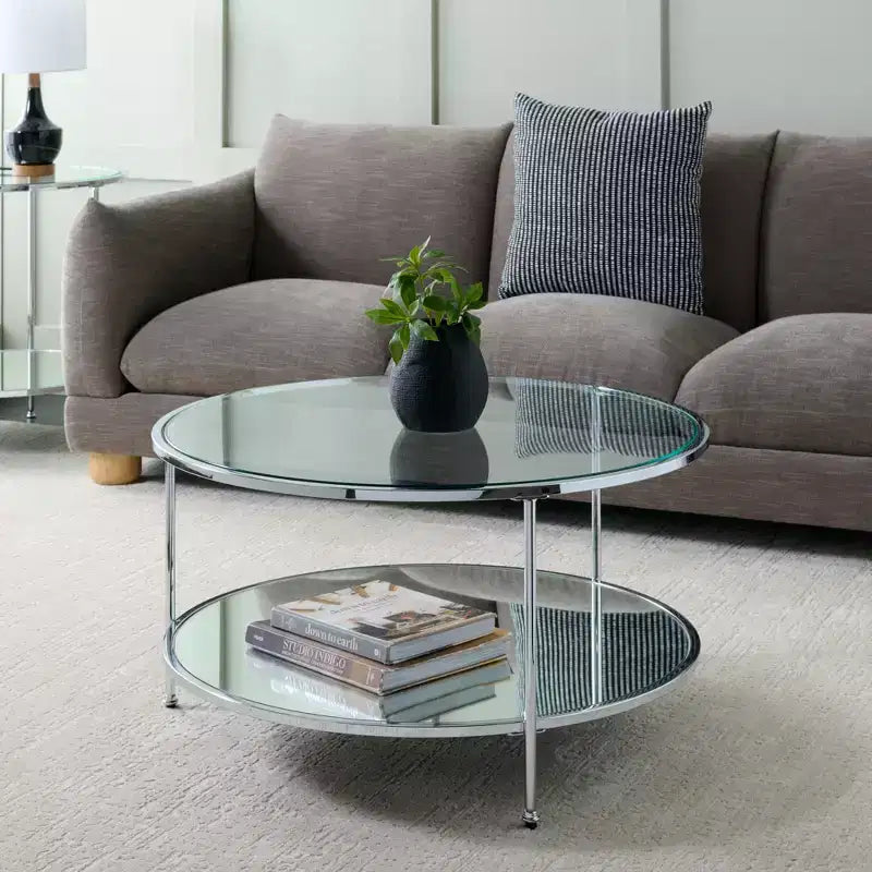 Table basse ronde à deux niveaux avec plateau en verre et étagère miroir – Charbon de bois