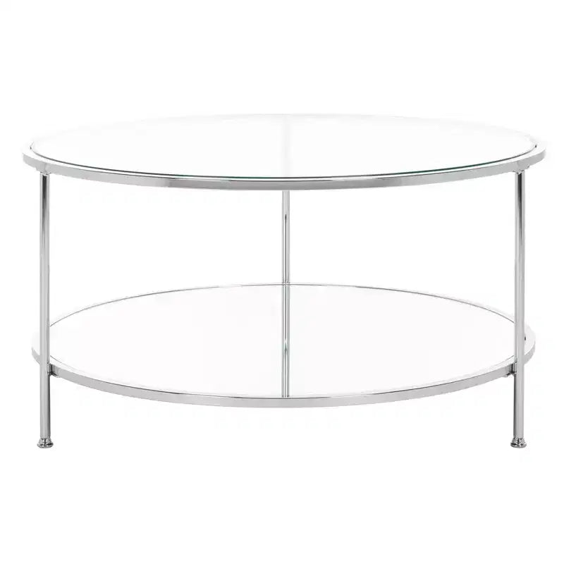 Table basse ronde à deux niveaux avec plateau en verre et étagère miroir – Charbon de bois