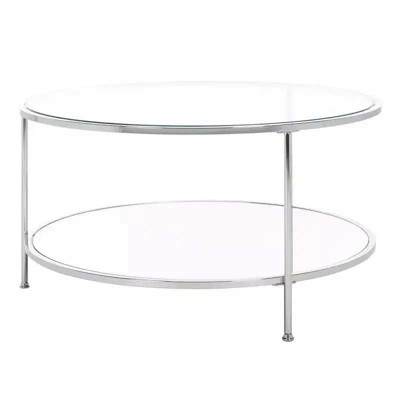 Table basse ronde à deux niveaux avec plateau en verre et étagère miroir – Charbon de bois
