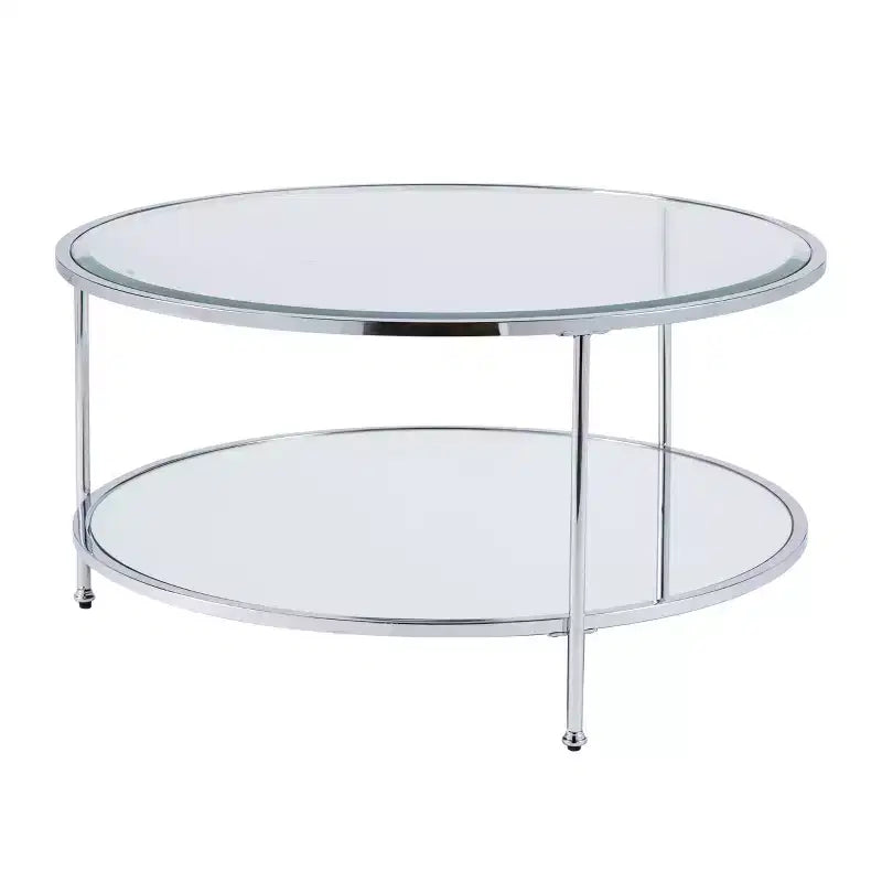 Table basse ronde à deux niveaux avec plateau en verre et étagère miroir – Charbon de bois