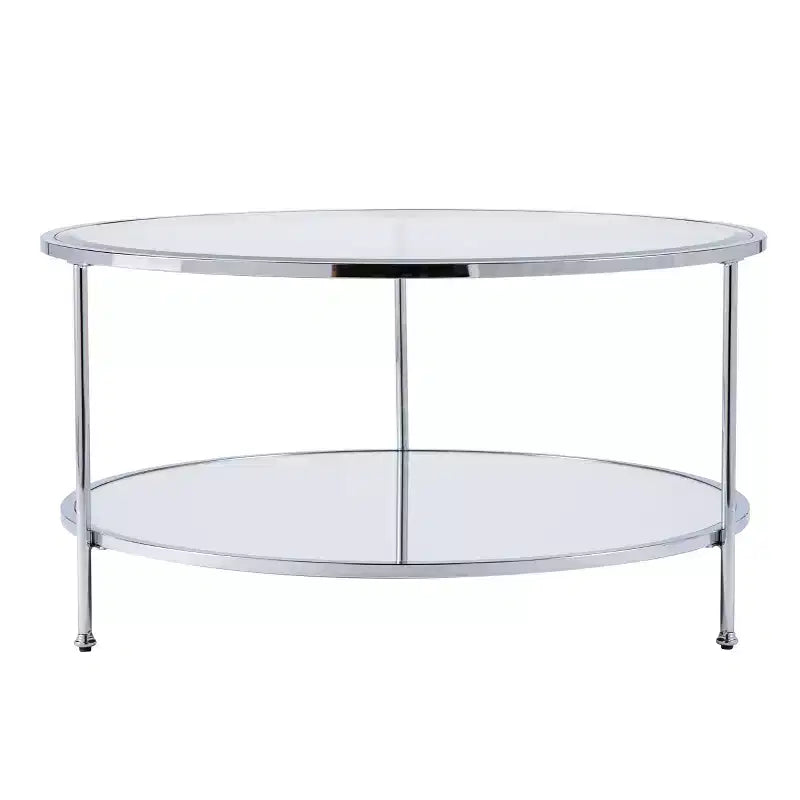 Table basse ronde à deux niveaux avec plateau en verre et étagère miroir – Charbon de bois