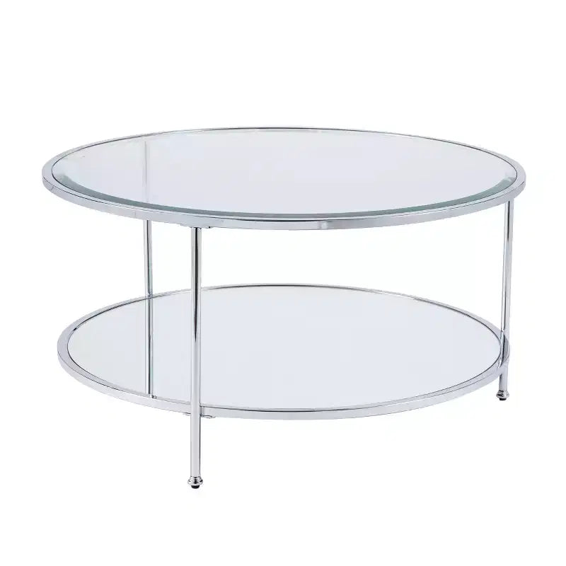 Table basse ronde à deux niveaux avec plateau en verre et étagère miroir – Charbon de bois