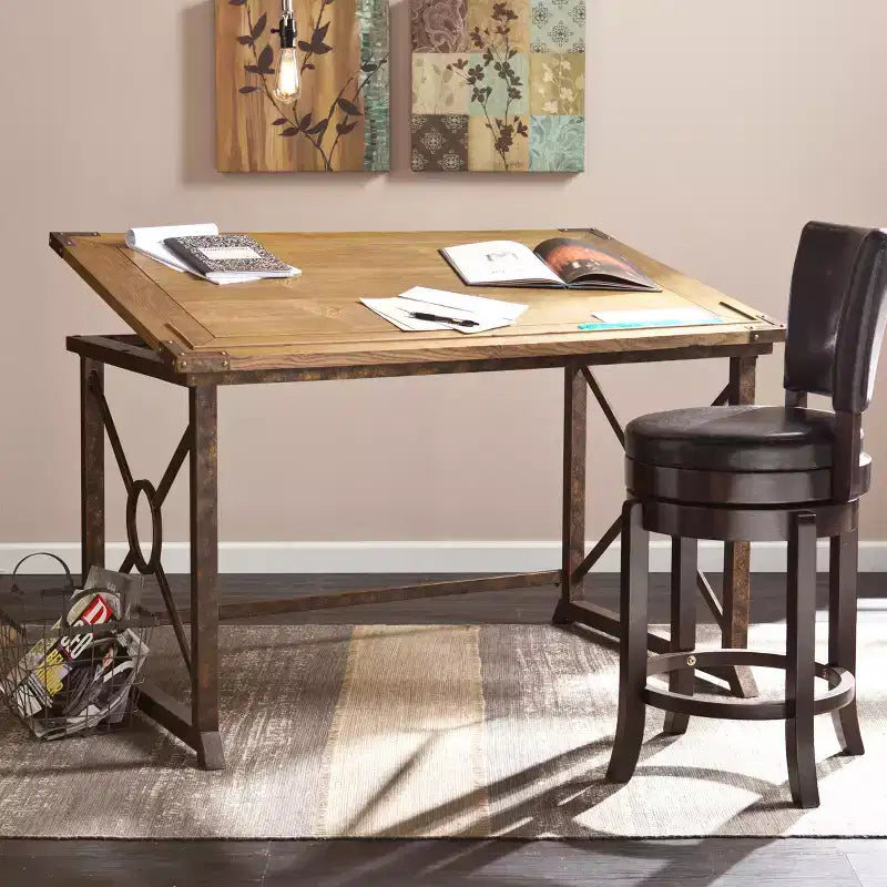 Table à dessin industrielle inclinable – Chêne vieilli et laiton antique, 51,5 po de large