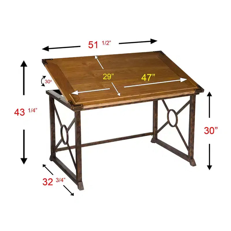 Table à dessin industrielle inclinable – Chêne vieilli et laiton antique, 51,5 po de large