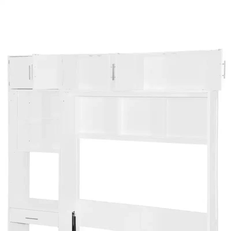Lit mural escamotable simple avec armoire supérieure, étagères, lumière et port USB
