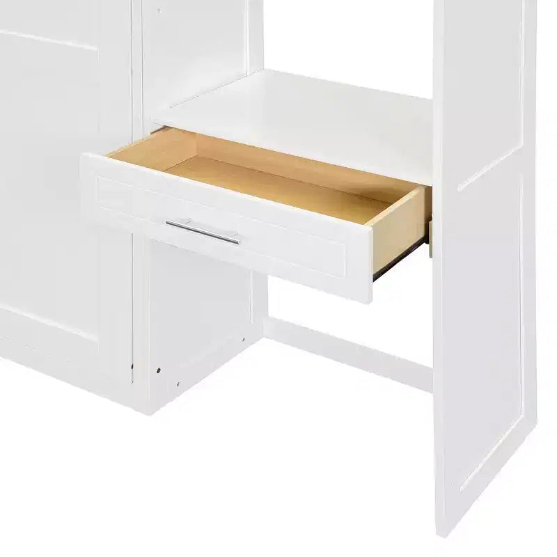 Lit mural escamotable simple avec armoire supérieure, étagères, lumière et port USB