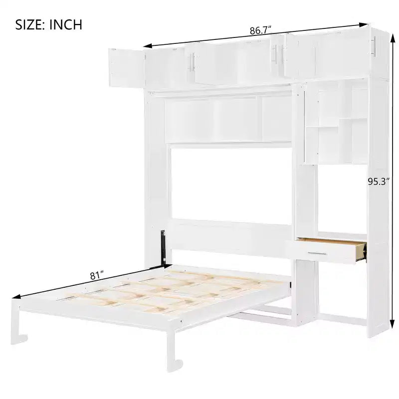 Lit mural escamotable simple avec armoire supérieure, étagères, lumière et port USB