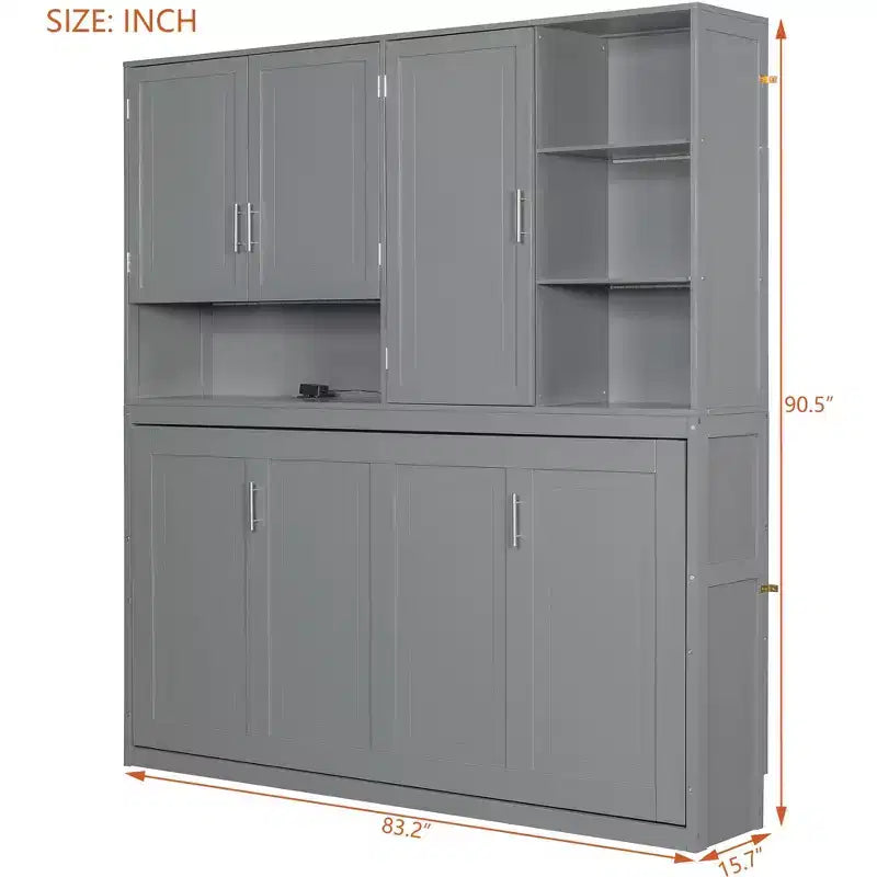 Lit mural escamotable simple avec armoire supérieure, étagères, lumière et port USB