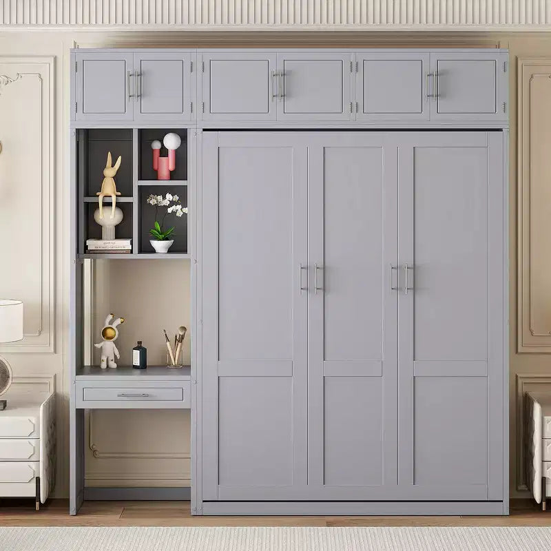 Lit mural escamotable simple avec armoire supérieure, étagères, lumière et port USB
