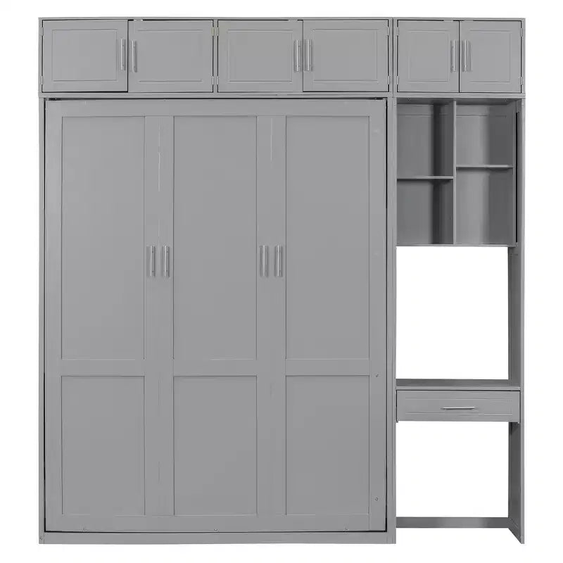 Lit mural escamotable simple avec armoire supérieure, étagères, lumière et port USB