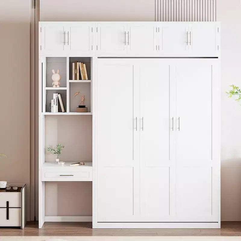 Lit mural escamotable simple avec armoire supérieure, étagères, lumière et port USB
