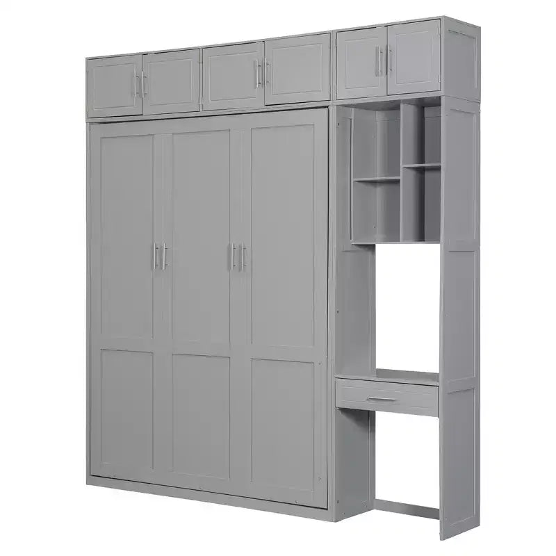 Lit mural escamotable simple avec armoire supérieure, étagères, lumière et port USB