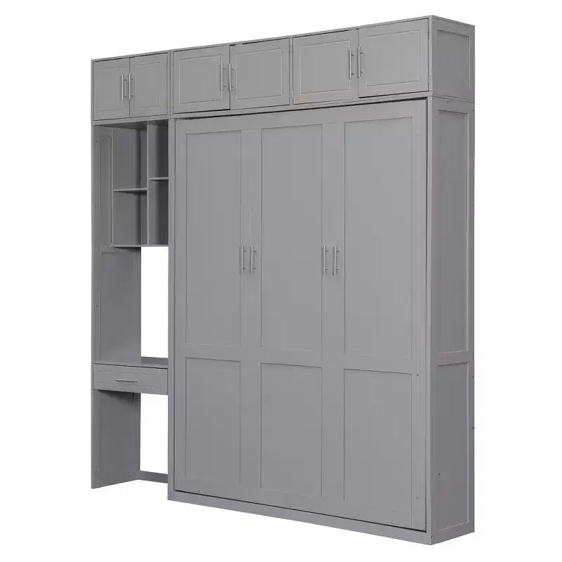 Lit mural escamotable simple avec armoire supérieure, étagères, lumière et port USB