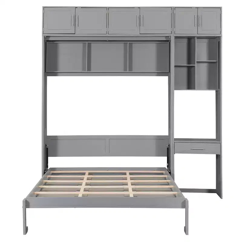 Lit mural escamotable simple avec armoire supérieure, étagères, lumière et port USB
