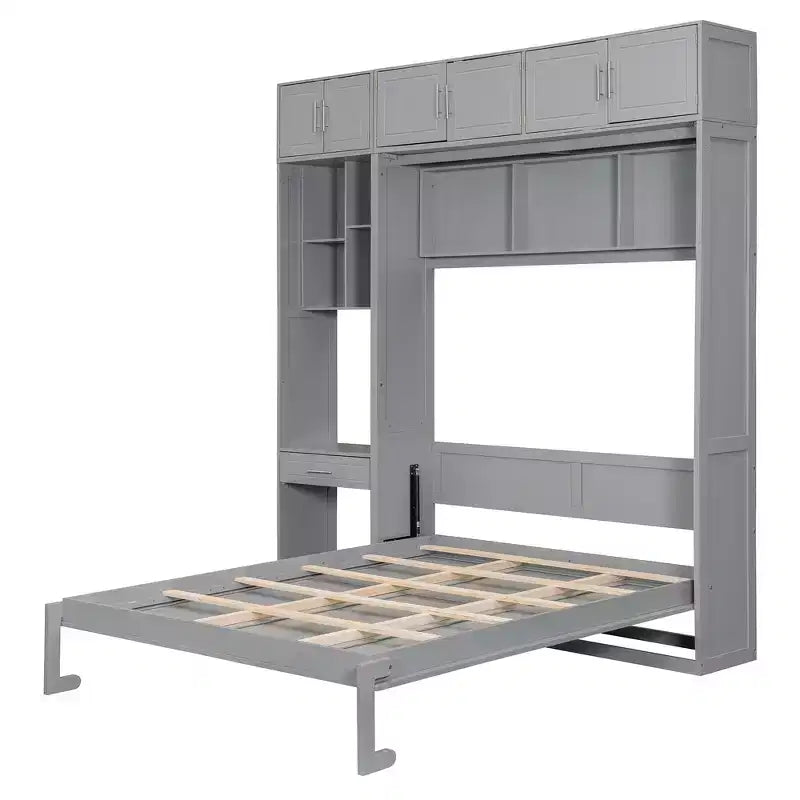 Lit mural escamotable simple avec armoire supérieure, étagères, lumière et port USB